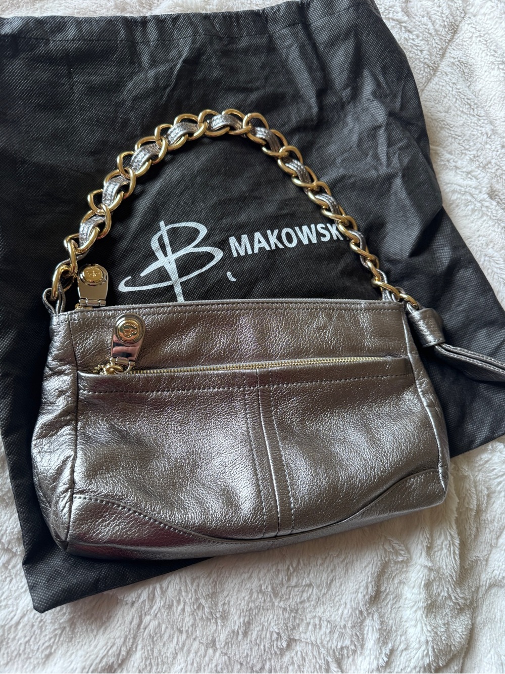 EUC - B. Makowsky Y2K Metallic Silver Demi Bag Chunky Gold Chain Accent Strap